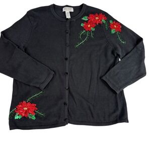 Heirloom Collectibles‎ Christmas Poinsettia Cardigan Sweater 3X Black Red Sequin